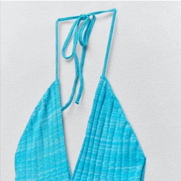 NEW ZARA Turquoise Ribbed Knit Bell-Leg Cotton Blend Jumpsuit/Overall- Blog Fav - Picture 13 of 16